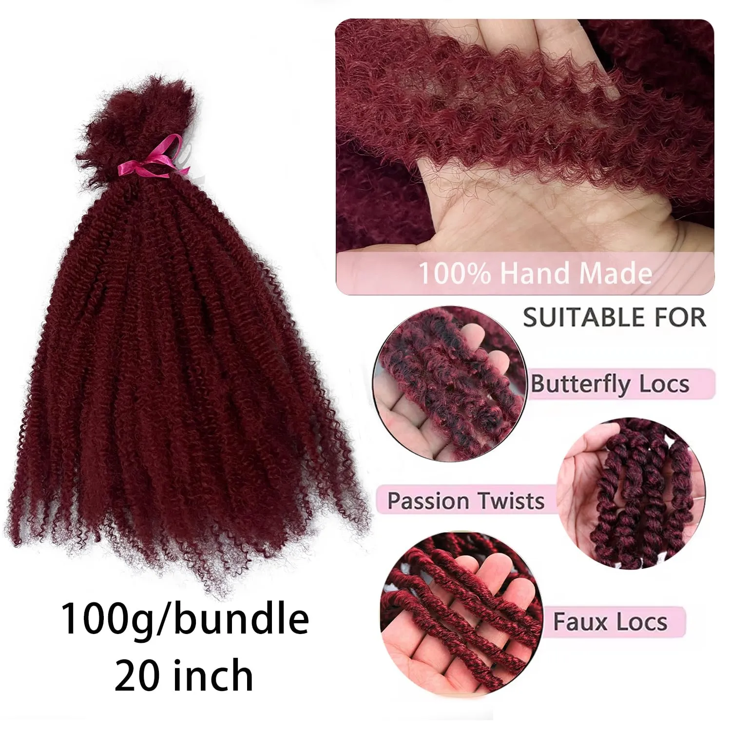20Inch Afro Kinkys Bulk Synthetic Hair for Locs, Twist, Braids, 100g/Bundle Burgundy Color Soft No Weft 4B Afro Natural Twist Kinky Braid Bulk Hair Bundles For Black Women (BUG)