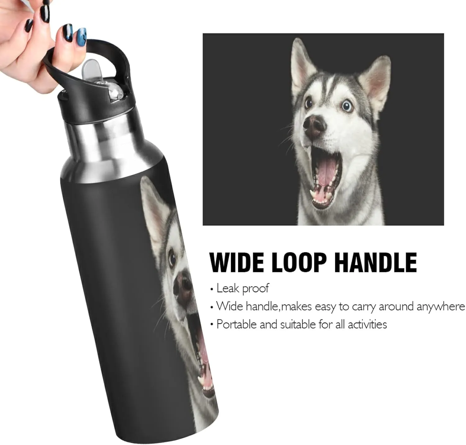 20oz Siberian Husky Dog Water Bottle, BPA Free Stainless Steel Water Bottle Leak-Proof Sports Bottle for Camping Workouts Gym and Outdoor Activity