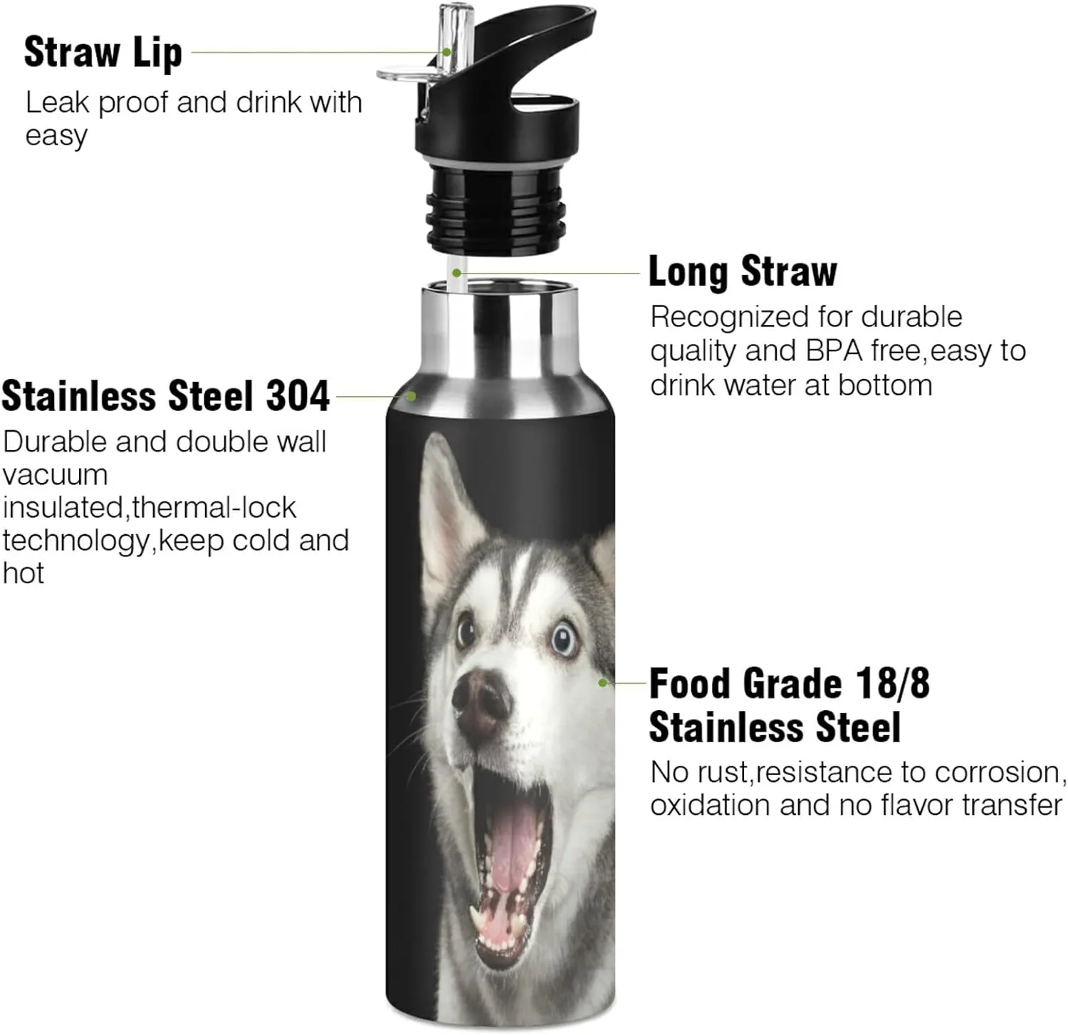 20oz Siberian Husky Dog Water Bottle, BPA Free Stainless Steel Water Bottle Leak-Proof Sports Bottle for Camping Workouts Gym and Outdoor Activity