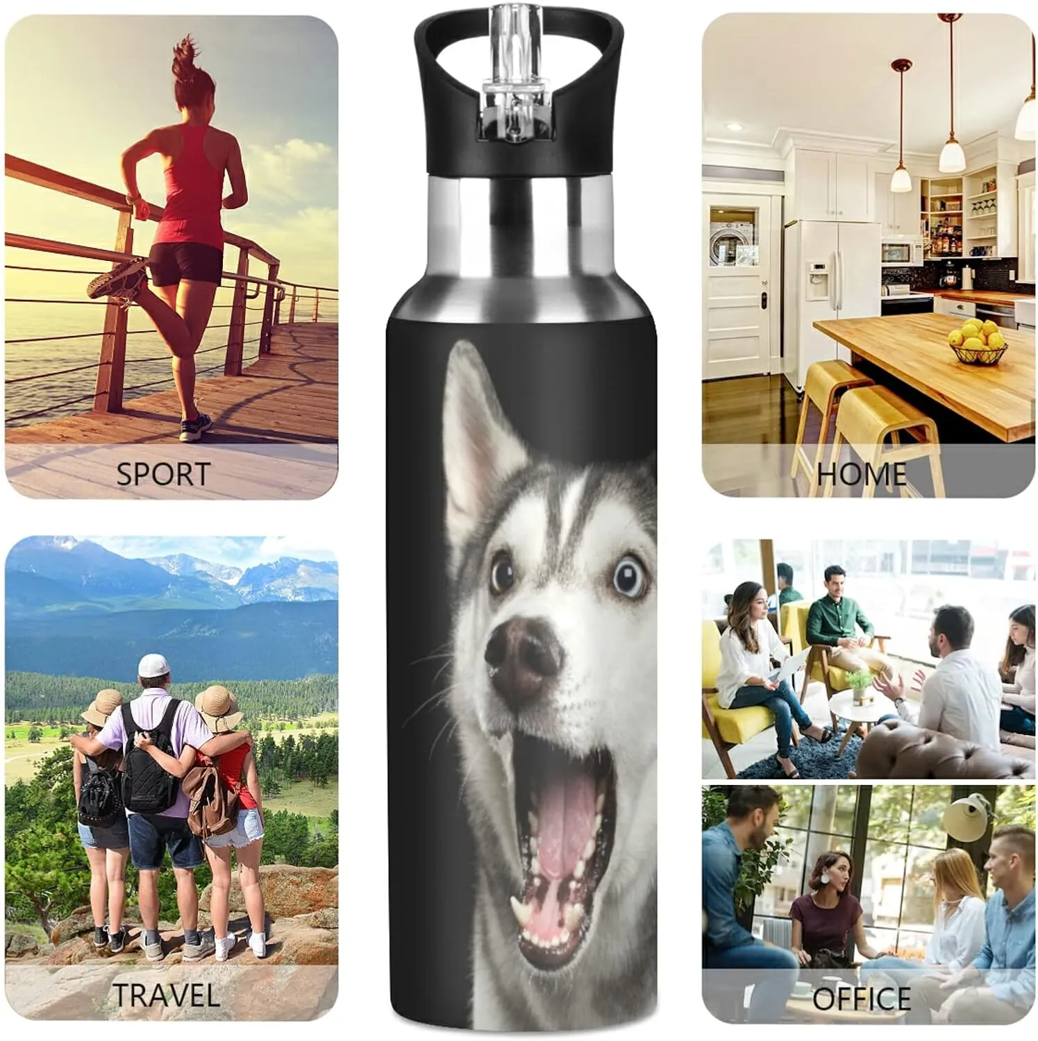 20oz Siberian Husky Dog Water Bottle, BPA Free Stainless Steel Water Bottle Leak-Proof Sports Bottle for Camping Workouts Gym and Outdoor Activity