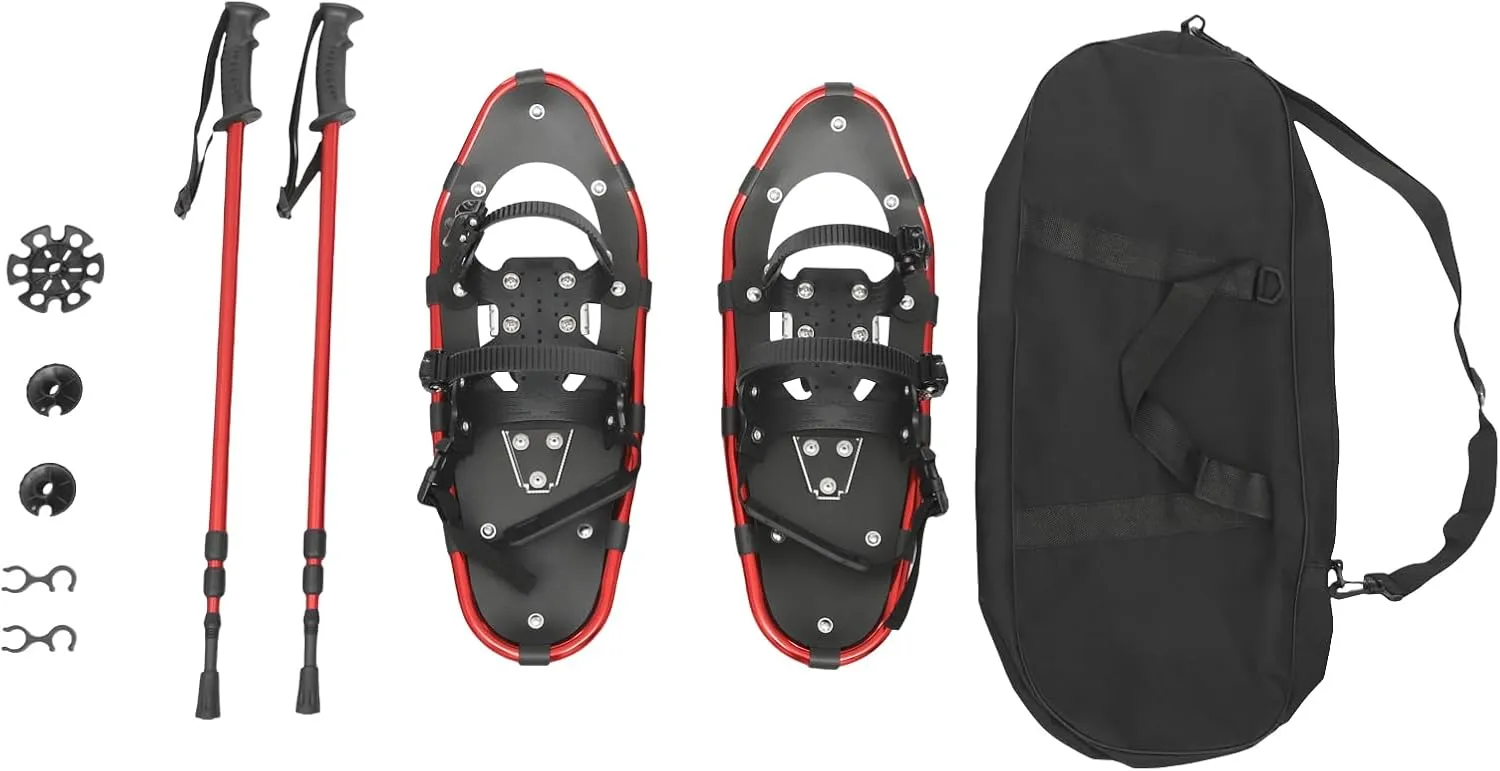 21" Lightweight Snow Shoes - Aluminum Frame Snow Shoes for Men, Women with Adjustable Trekking Poles, Carrying Tote Bag, All-Terrain Snowshoes for Ski Resorts and Outdoor Skiing (Red)