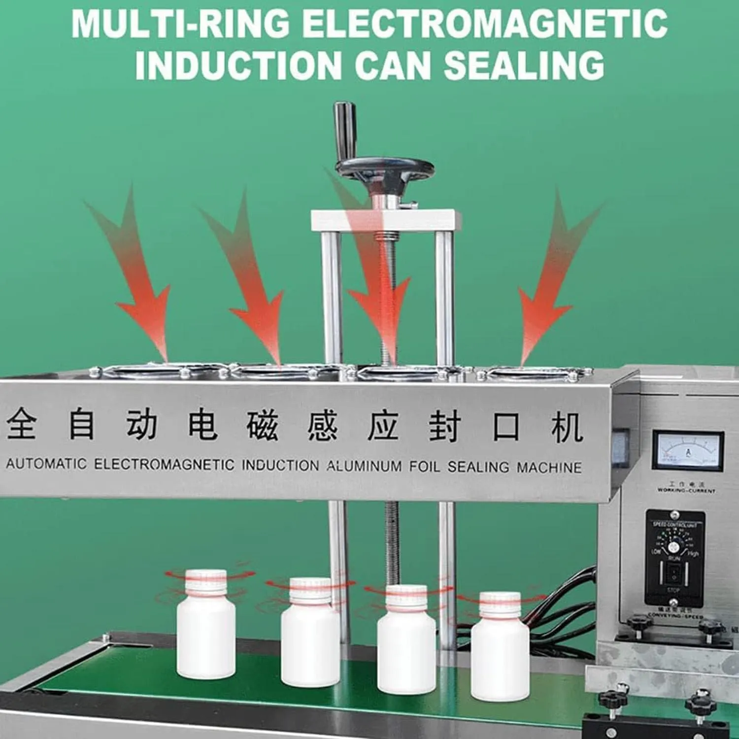 2200W Automatic Aluminum Foil Sealing Machine Continuous Electromagnetic Induction Band Bag Sealer Plastic Bottle Cap Sealer Auto Continuous Sealing Machine,Diameter15-60mm