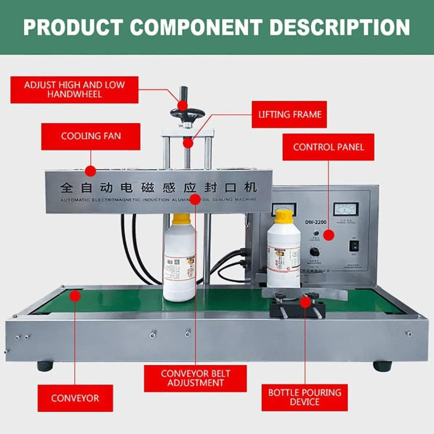 2200W Automatic Aluminum Foil Sealing Machine Continuous Electromagnetic Induction Band Bag Sealer Plastic Bottle Cap Sealer Auto Continuous Sealing Machine,Diameter15-60mm