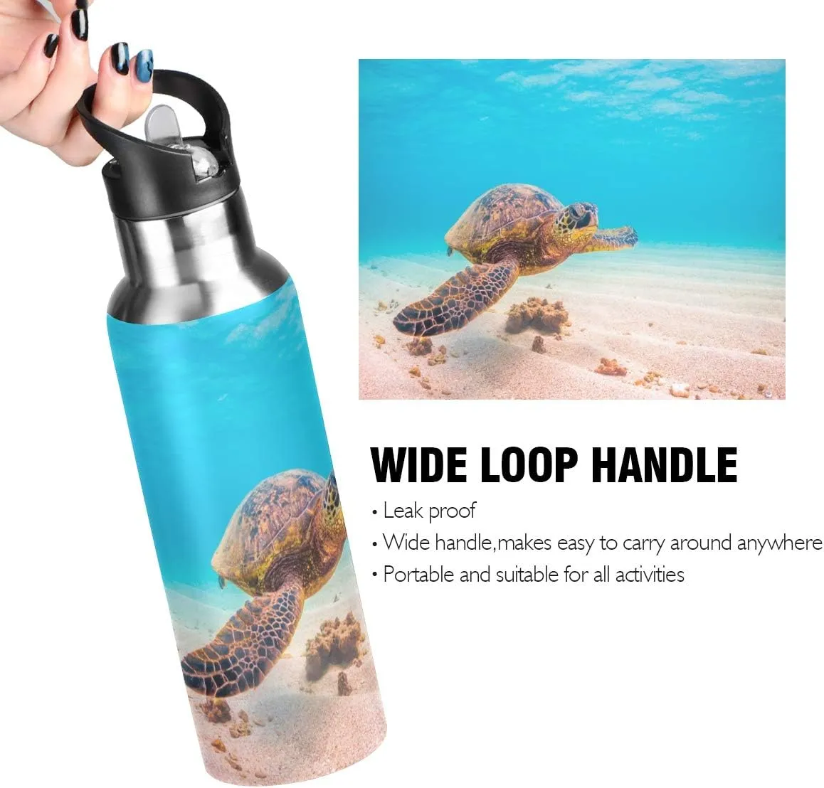 22oz Hawaiian Green Sea Turtle Water Bottle, BPA Free Stainless Steel Water Bottle Leak-Proof Sports Bottle for Camping Workouts Gym and Outdoor Activity