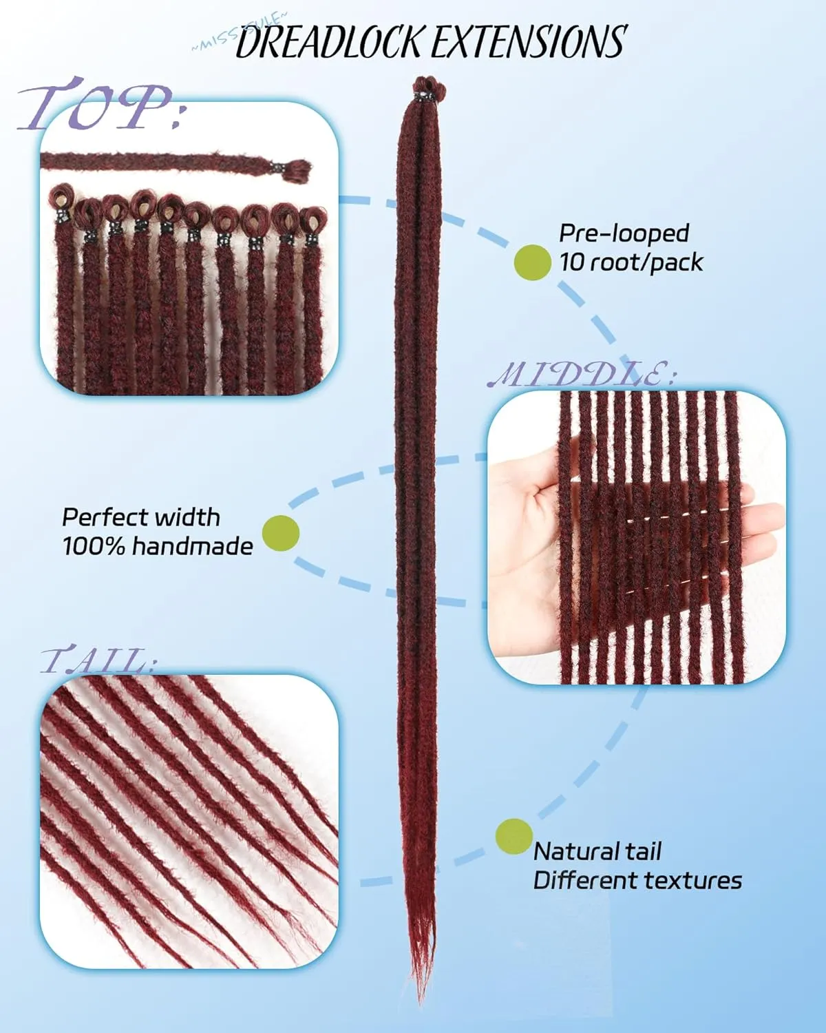 24 Inches Single Ended Dreadlock Extensions for Women(0.6 cm Width 50 Strands-Ombre Burgundy),Faux Locs Crochet Hair,Soft Synthetic Loc Extensions(24"-5 Packs,1B/Bug)