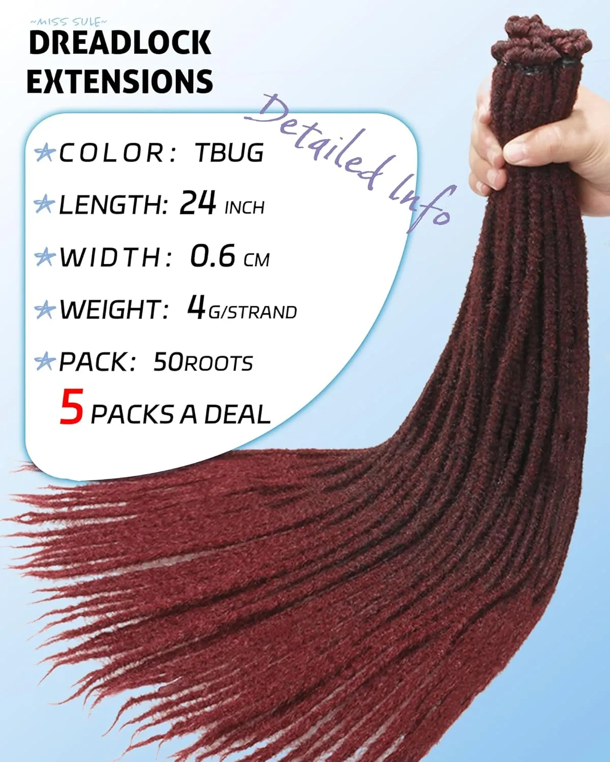 24 Inches Single Ended Dreadlock Extensions for Women(0.6 cm Width 50 Strands-Ombre Burgundy),Faux Locs Crochet Hair,Soft Synthetic Loc Extensions(24"-5 Packs,1B/Bug)