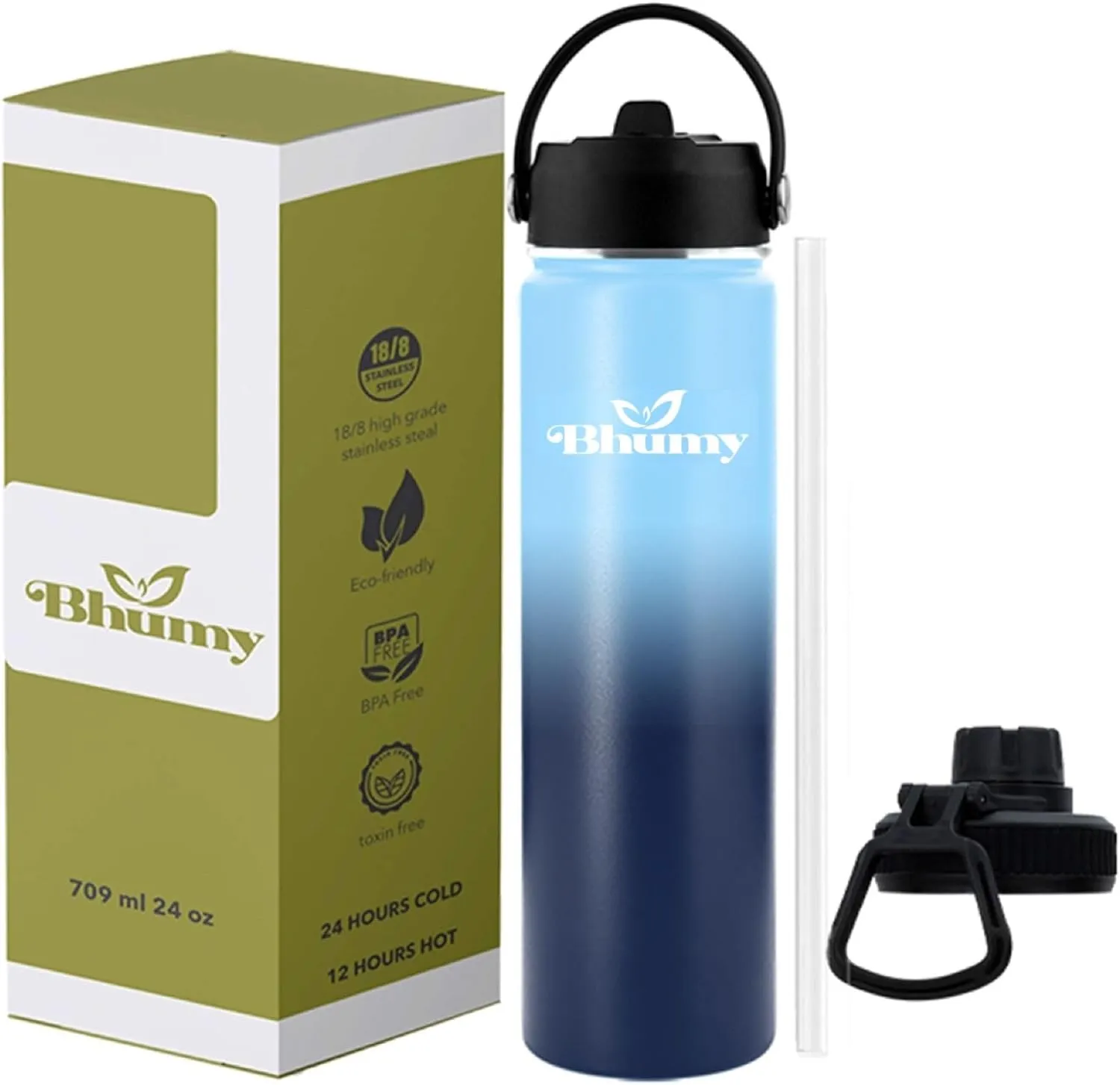 24oz Double Wall Stainless Steel Insulated Water Bottle with Straw and 2 Caps - Leakproof Sports Water Bottle for Gym, Office, Travel