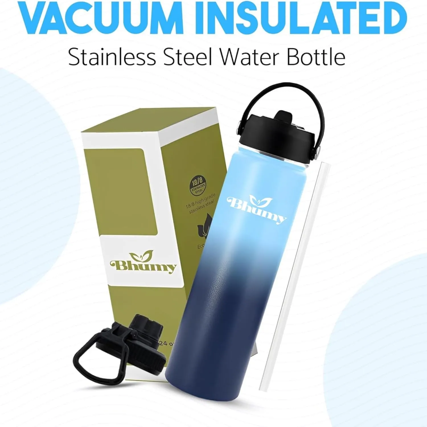 24oz Double Wall Stainless Steel Insulated Water Bottle with Straw and 2 Caps - Leakproof Sports Water Bottle for Gym, Office, Travel