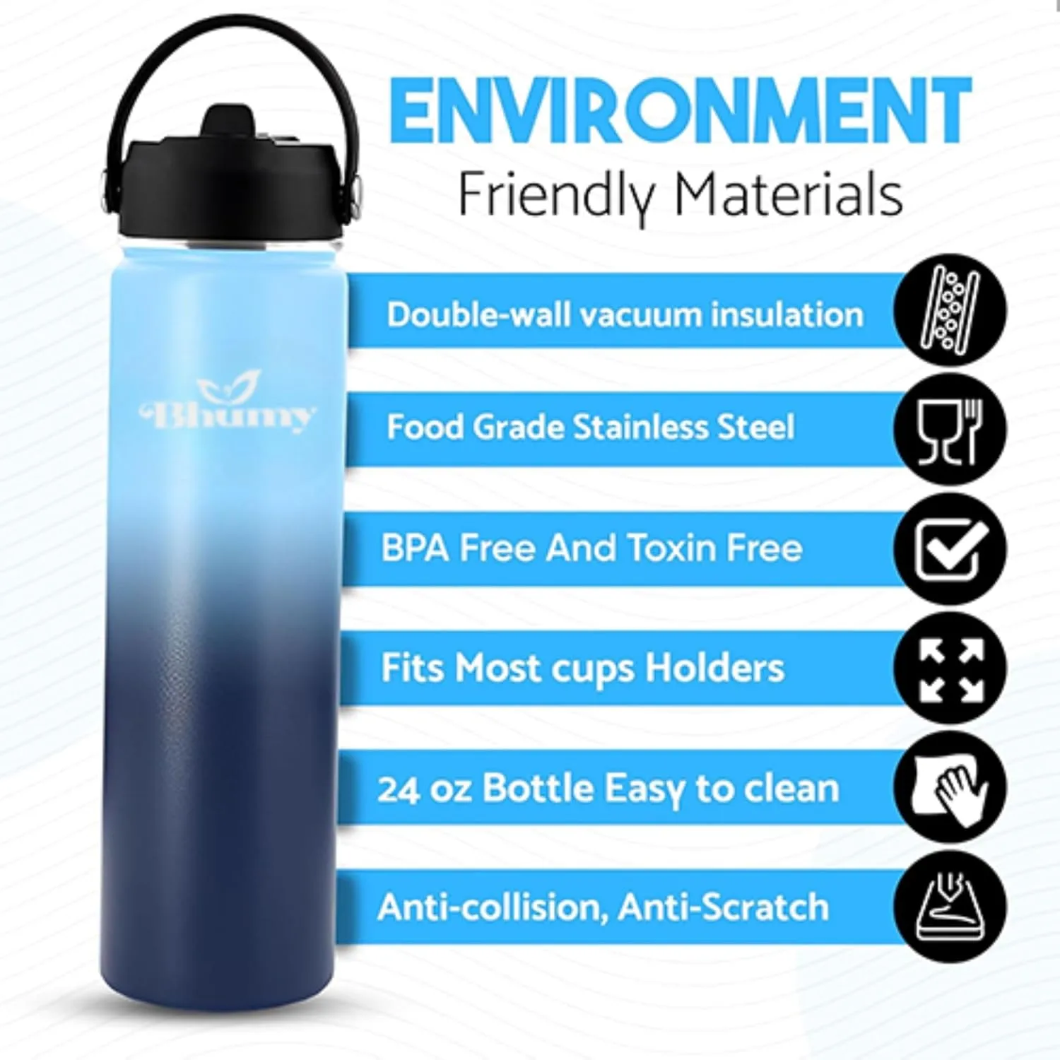 24oz Double Wall Stainless Steel Insulated Water Bottle with Straw and 2 Caps - Leakproof Sports Water Bottle for Gym, Office, Travel