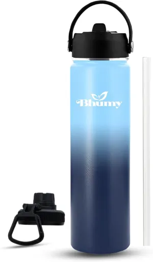 24oz Double Wall Stainless Steel Insulated Water Bottle with Straw and 2 Caps - Leakproof Sports Water Bottle for Gym, Office, Travel