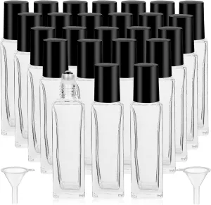 25 Pcs 10 ml Roller Bottles for Essential Oils, Square Thick Empty Glass Roller Bottles with Stainless Steel Roller Balls Protection Leakproof with 2 Funnel for Travel, Black