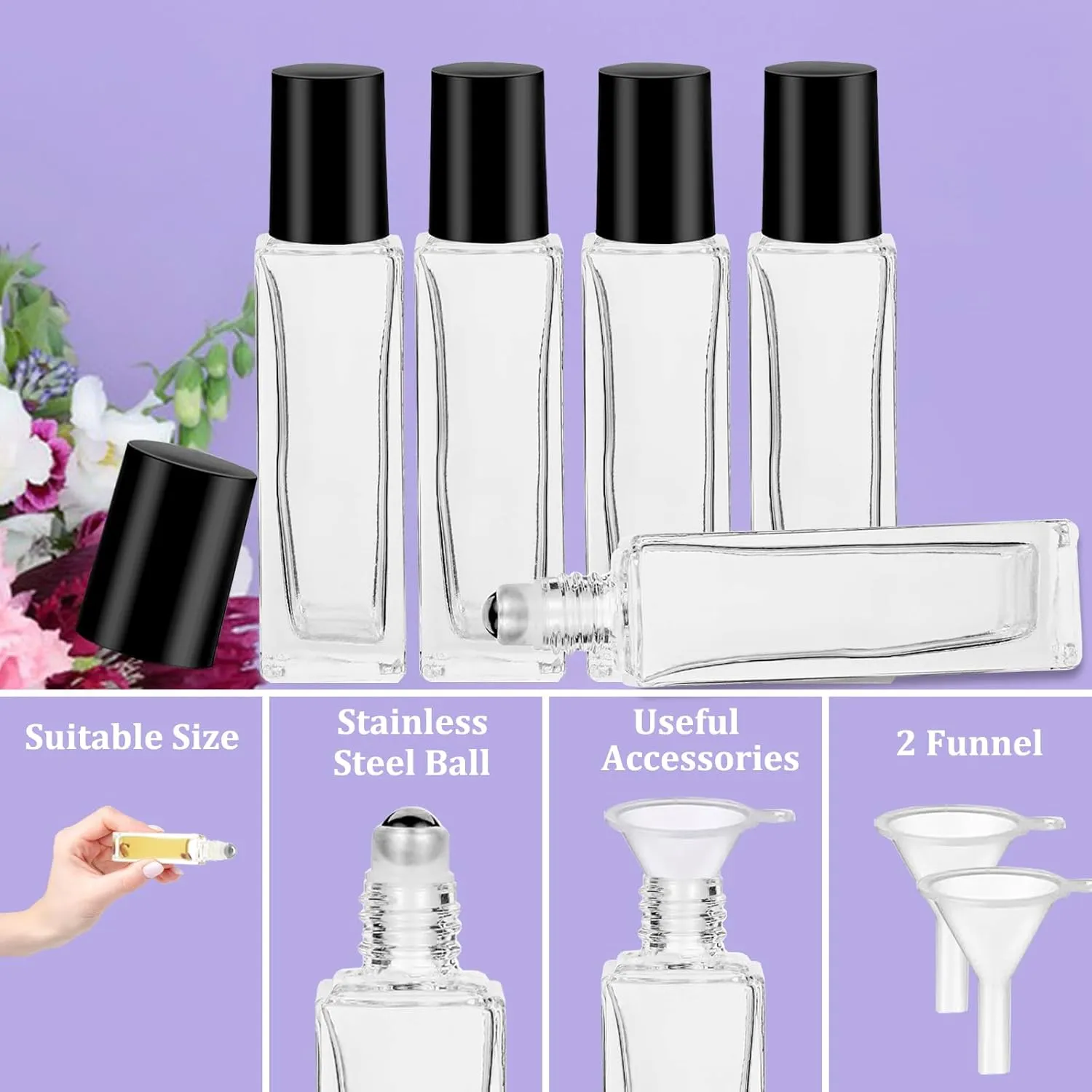 25 Pcs 10 ml Roller Bottles for Essential Oils, Square Thick Empty Glass Roller Bottles with Stainless Steel Roller Balls Protection Leakproof with 2 Funnel for Travel, Black