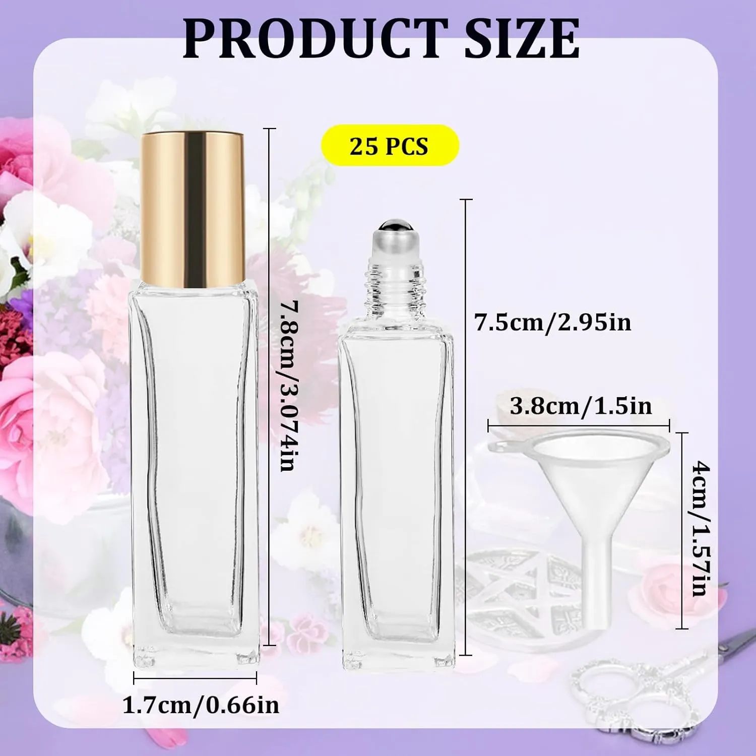 25 Pcs 10 ml Roller Bottles for Essential Oils, Square Thick Empty Glass Roller Bottles with Stainless Steel Roller Balls Protection Leakproof with 2 Funnel for Travel, Gold