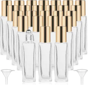 25 Pcs 10 ml Roller Bottles for Essential Oils, Square Thick Empty Glass Roller Bottles with Stainless Steel Roller Balls Protection Leakproof with 2 Funnel for Travel, Gold