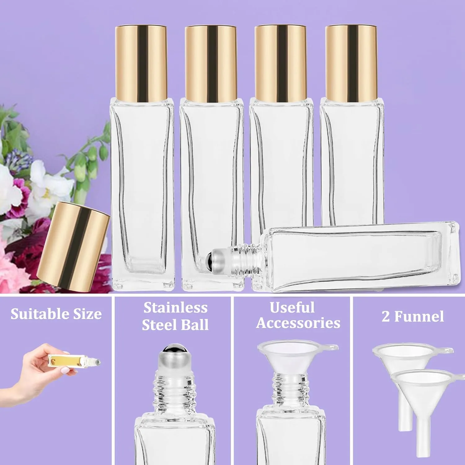 25 Pcs 10 ml Roller Bottles for Essential Oils, Square Thick Empty Glass Roller Bottles with Stainless Steel Roller Balls Protection Leakproof with 2 Funnel for Travel, Gold