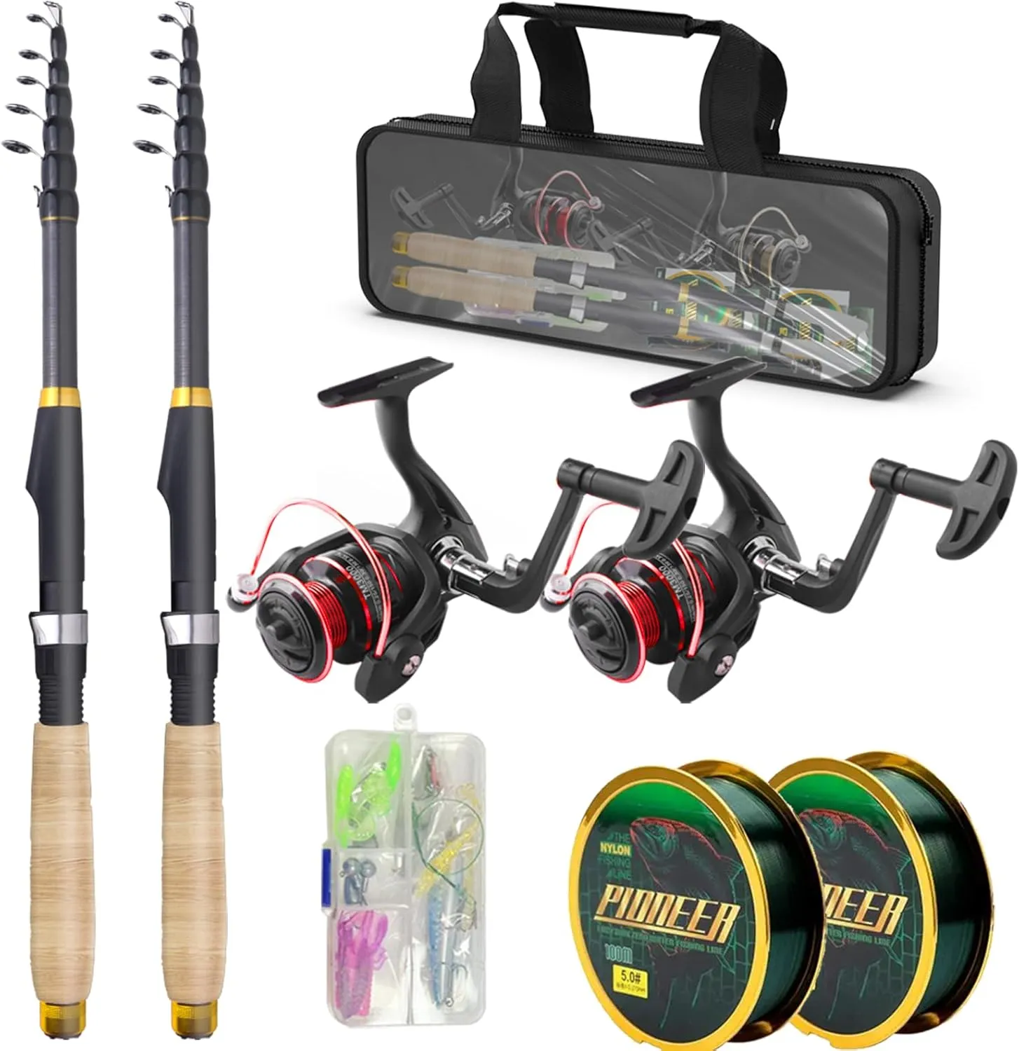 2PCS Fishing Rod and Reel Combos,Telescopic Fishing Pole Spinning Reels Sets, Collapsible Fishing Rod Full Kit with Carrier Bag for Travel Saltwater Freshwater Fishing Poles
