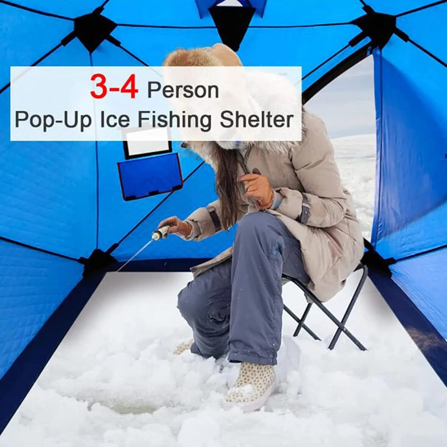 3-4 Person Portable Ice Fishing Shelter Easy Set-up Winter Fishing Tent Ice Fishing Tent Waterproof & Windproof with Carry Bag Fishing Equipment Outdoors