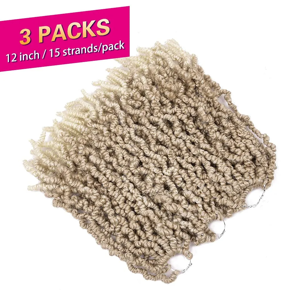 3 Packs Short Curly Spring Pre-twisted Braids Synthetic Crochet Hair Extensions 12 inch 15 strands/pack Ombre Crochet Twist Braids Fiber Fluffy Curly Twist Braiding Hair Bulk (12“, 27/613#)