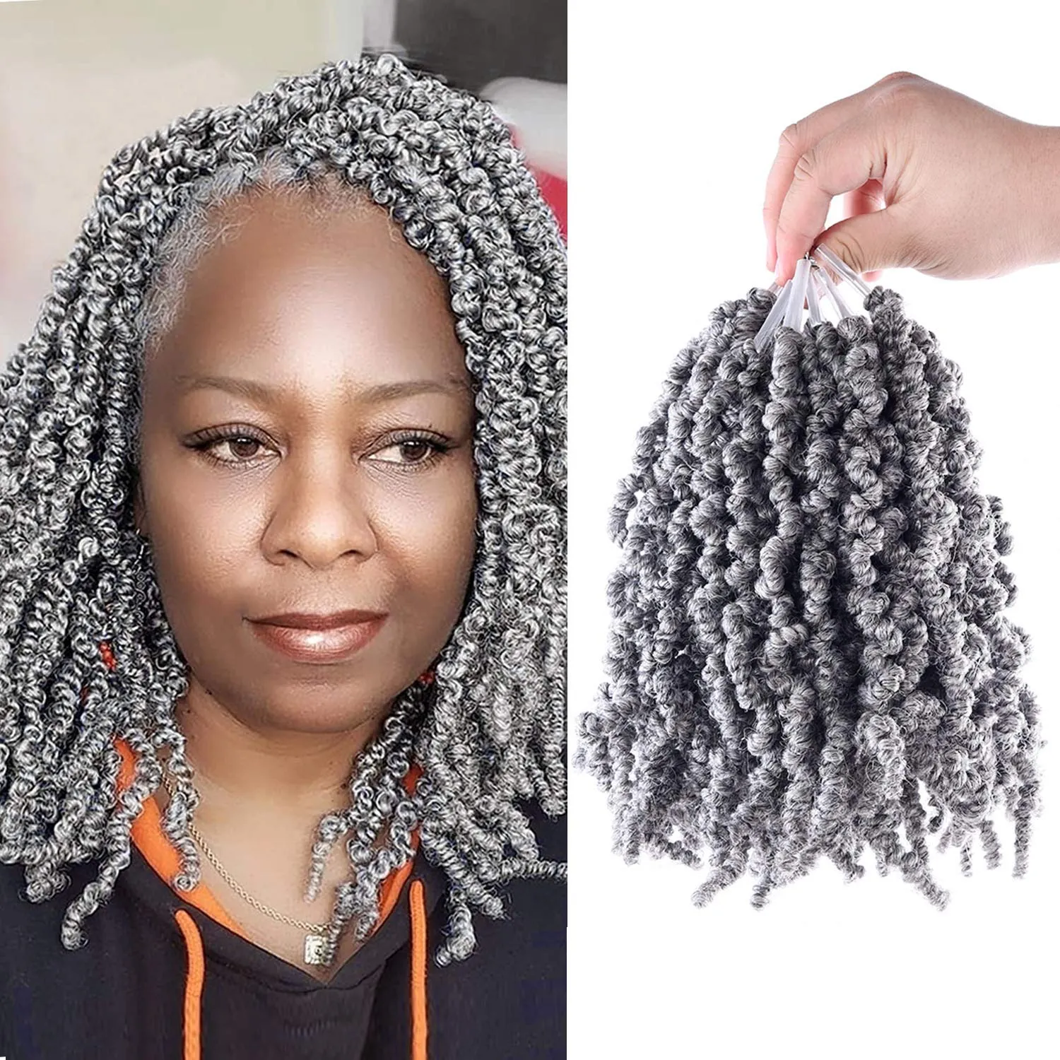 3 Packs Short Grey Pre-twisted Spring Braids Synthetic Crochet Hair Extensions 10 inch 15 strands/pack Ombre Crochet Twist Braids Curly Twist Braiding Hair Bulk (10“ Pre-twisted (pack of 3), Grey#)