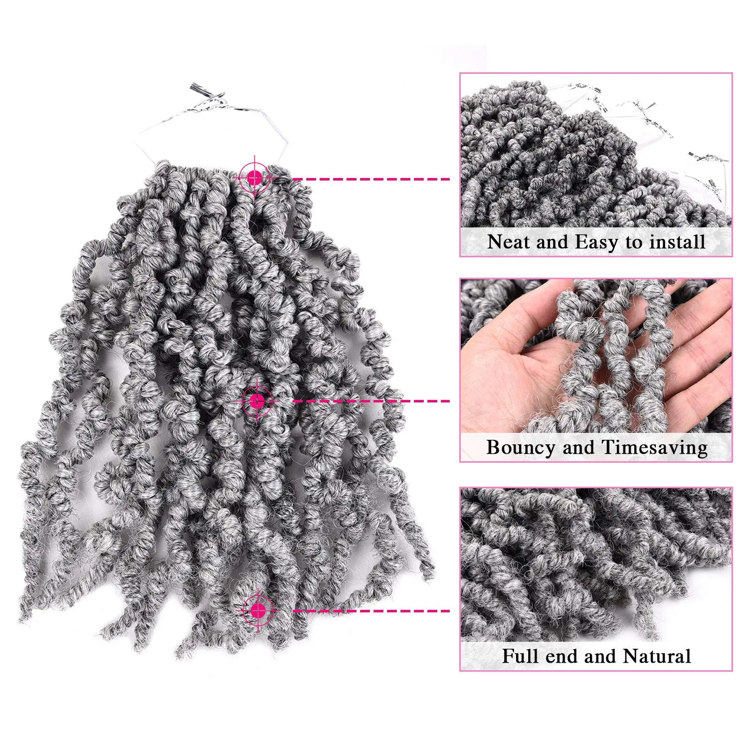 3 Packs Short Grey Pre-twisted Spring Braids Synthetic Crochet Hair Extensions 10 inch 15 strands/pack Ombre Crochet Twist Braids Curly Twist Braiding Hair Bulk (10“ Pre-twisted (pack of 3), Grey#)