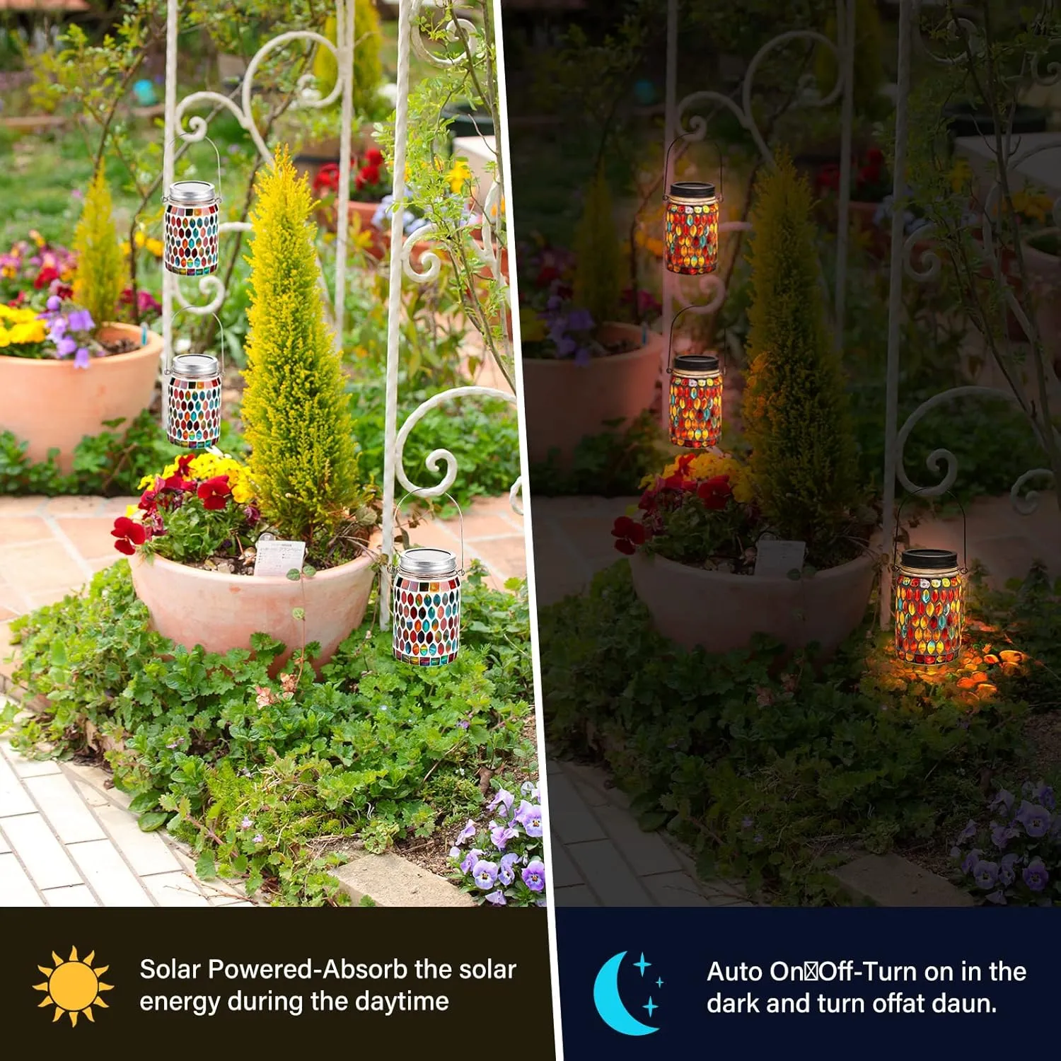 3 Pieces Solar Powered Mosaic Lights, Outdoor Hanging Solar Lantern Lamp Waterproof Table Lamp Mosaic Night Light for Tree, Garden, Patio, Party, Yard, Outdoor, Indoor Decorations (Red)