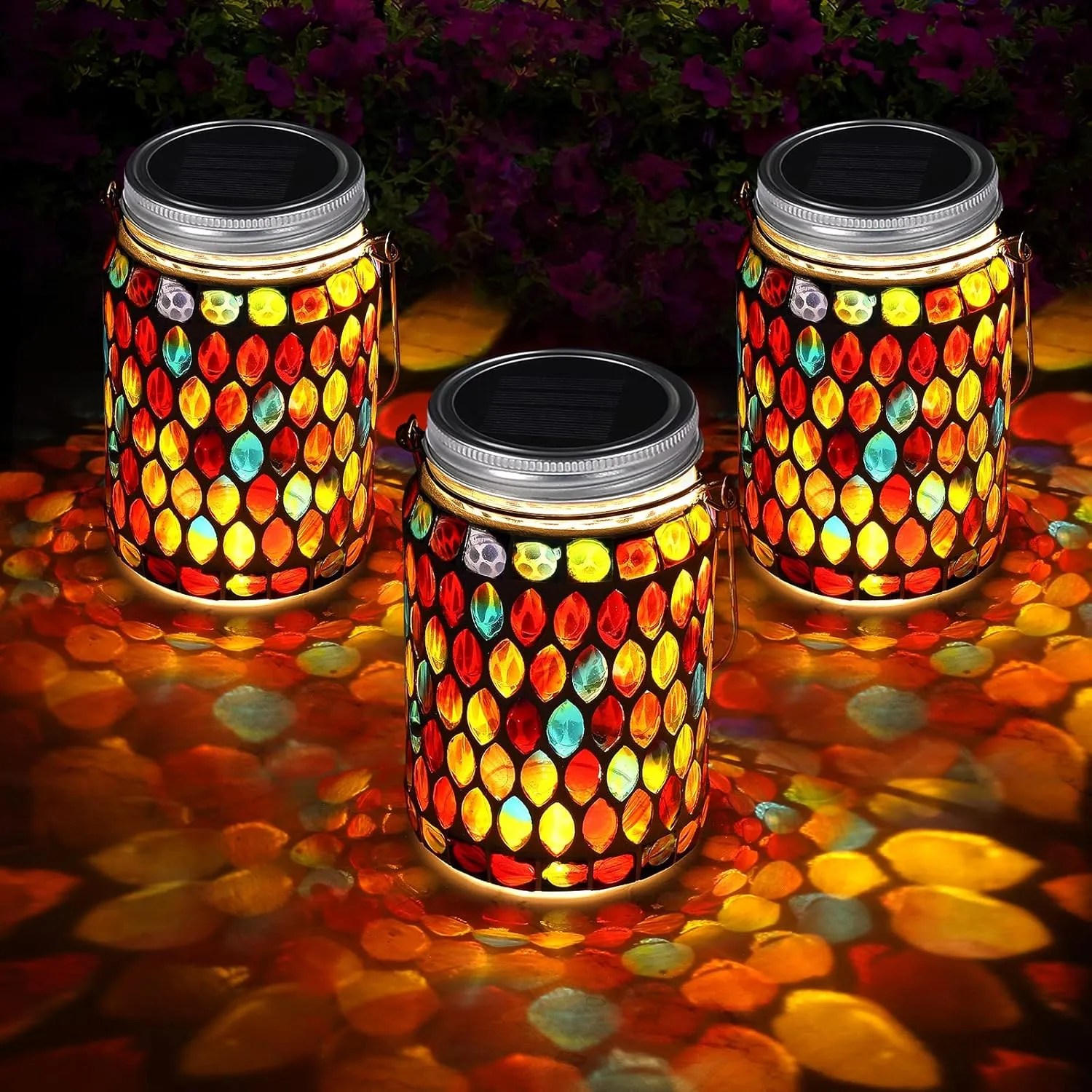 3 Pieces Solar Powered Mosaic Lights, Outdoor Hanging Solar Lantern Lamp Waterproof Table Lamp Mosaic Night Light for Tree, Garden, Patio, Party, Yard, Outdoor, Indoor Decorations (Red)