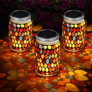 3 Pieces Solar Powered Mosaic Lights, Outdoor Hanging Solar Lantern Lamp Waterproof Table Lamp Mosaic Night Light for Tree, Garden, Patio, Party, Yard, Outdoor, Indoor Decorations (Red)