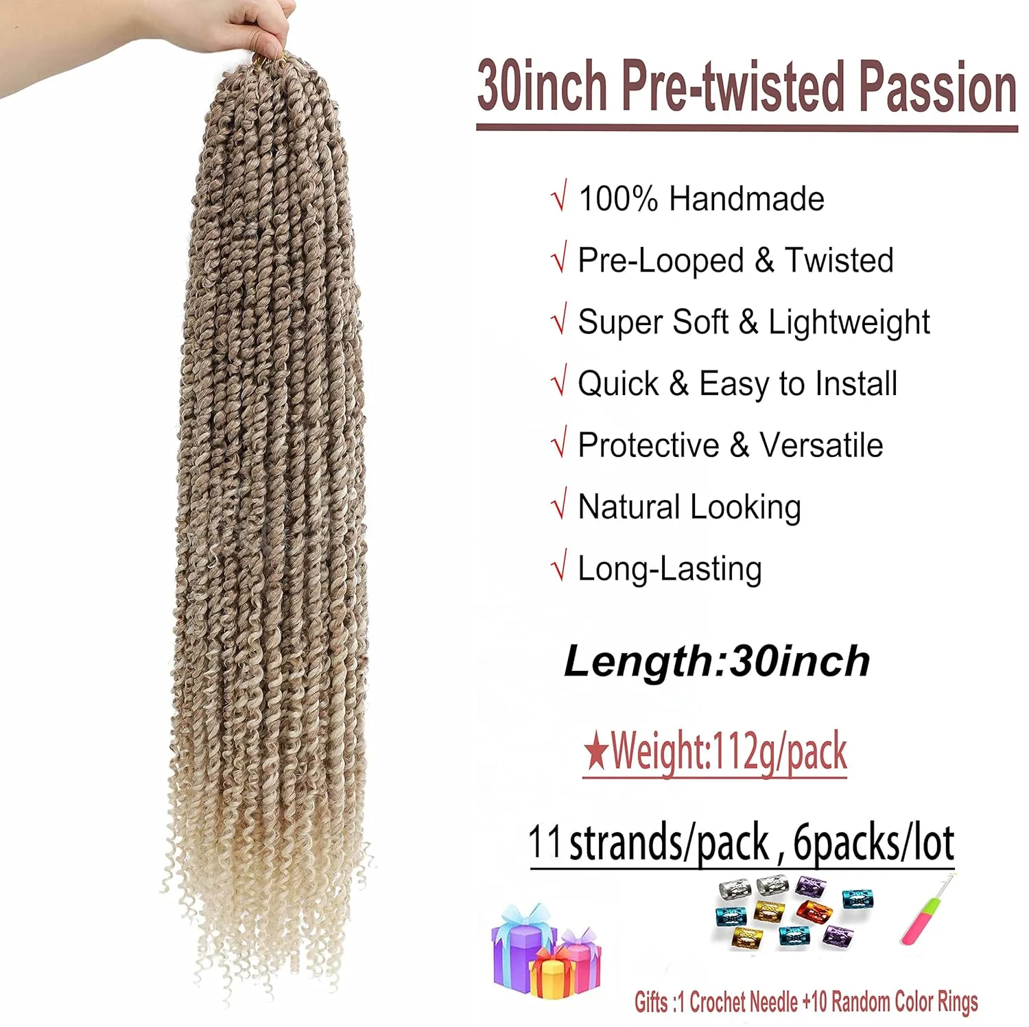 30 inch Passion Twist Blonde Ombre Pre Twisted Crochet Hair 6Packs，27/613 Honey Blonde Passion Twists Braiding Hair Water Wave Pre Looped Passion Twists Braids for Black Women (27/613,30inch,6packs)