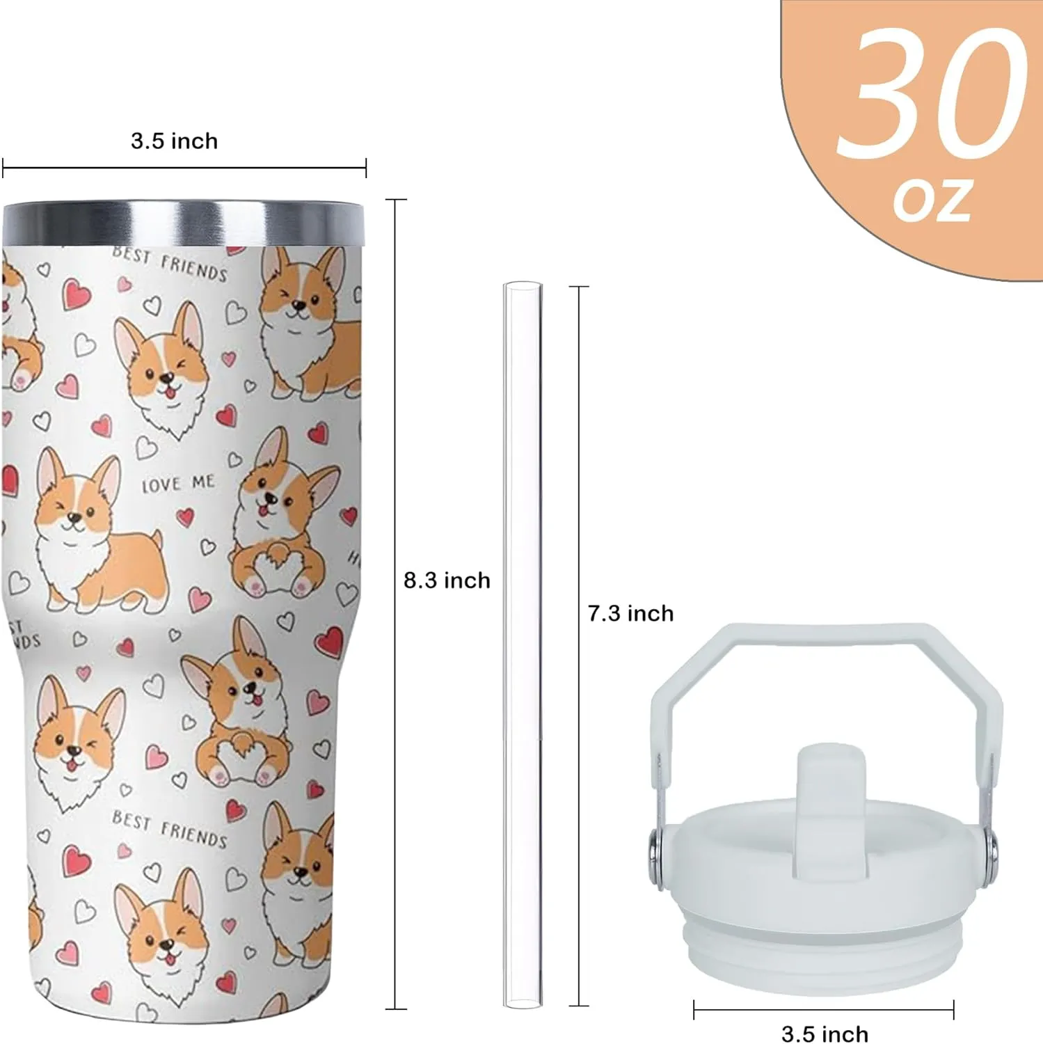 30 oz Corgi Coffee Tumbler with Handle and Straw, Dog Lovers Stainless Steel Insulated Cup with Flip Straw,Travel Coffee Mug Water Bottle,Christmas Birthday Mothers Day Gifts for Women Animal Lovers