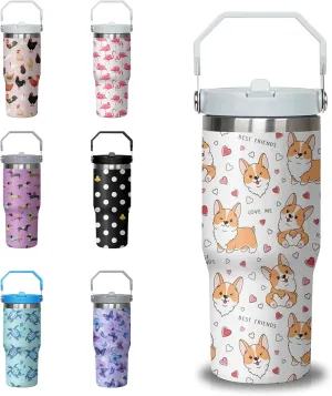 30 oz Corgi Coffee Tumbler with Handle and Straw, Dog Lovers Stainless Steel Insulated Cup with Flip Straw,Travel Coffee Mug Water Bottle,Christmas Birthday Mothers Day Gifts for Women Animal Lovers