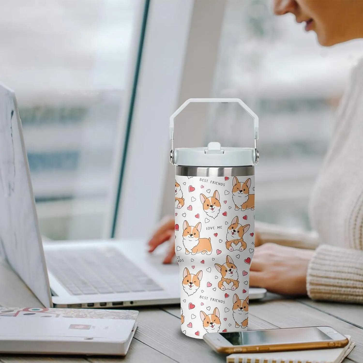 30 oz Corgi Coffee Tumbler with Handle and Straw, Dog Lovers Stainless Steel Insulated Cup with Flip Straw,Travel Coffee Mug Water Bottle,Christmas Birthday Mothers Day Gifts for Women Animal Lovers