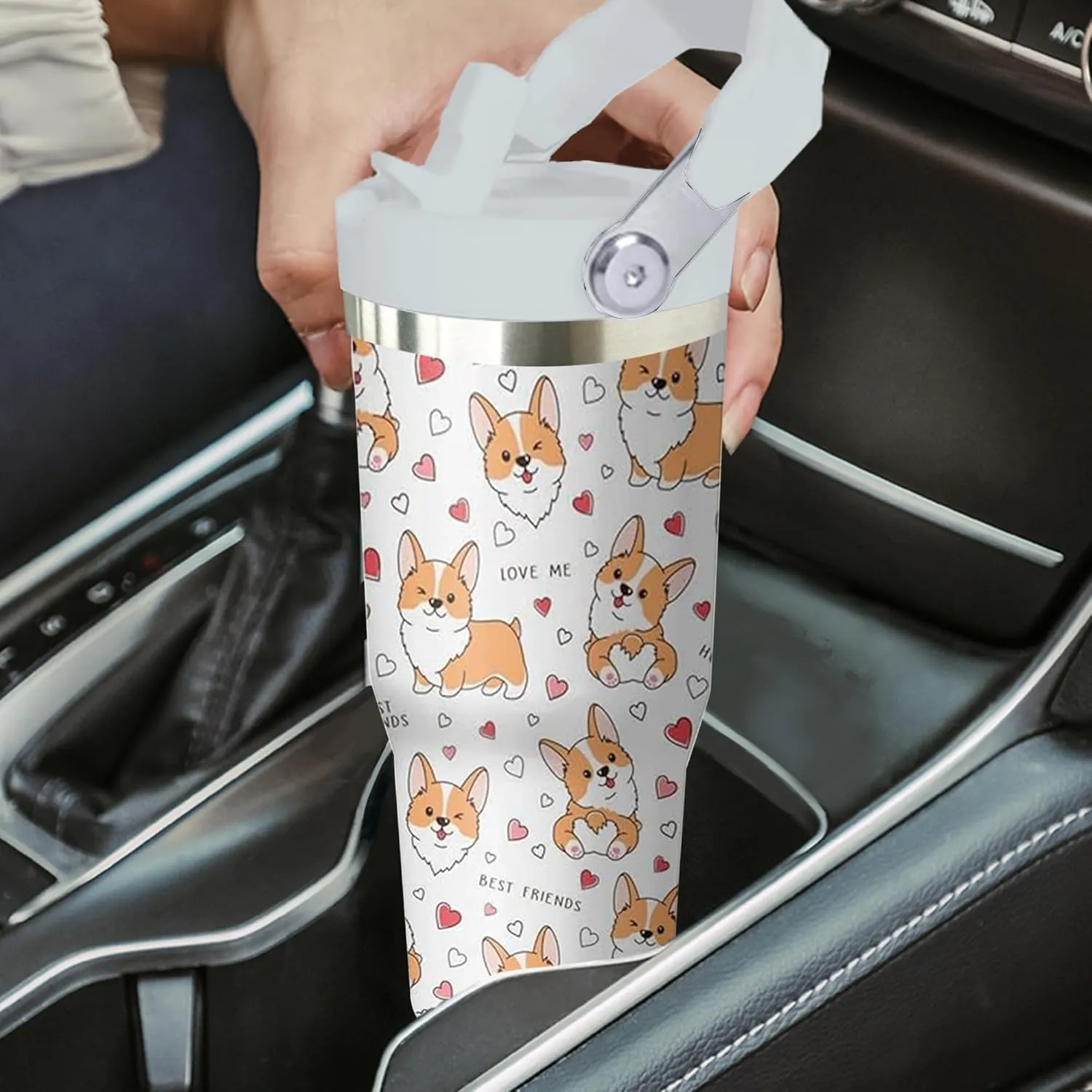 30 oz Corgi Coffee Tumbler with Handle and Straw, Dog Lovers Stainless Steel Insulated Cup with Flip Straw,Travel Coffee Mug Water Bottle,Christmas Birthday Mothers Day Gifts for Women Animal Lovers