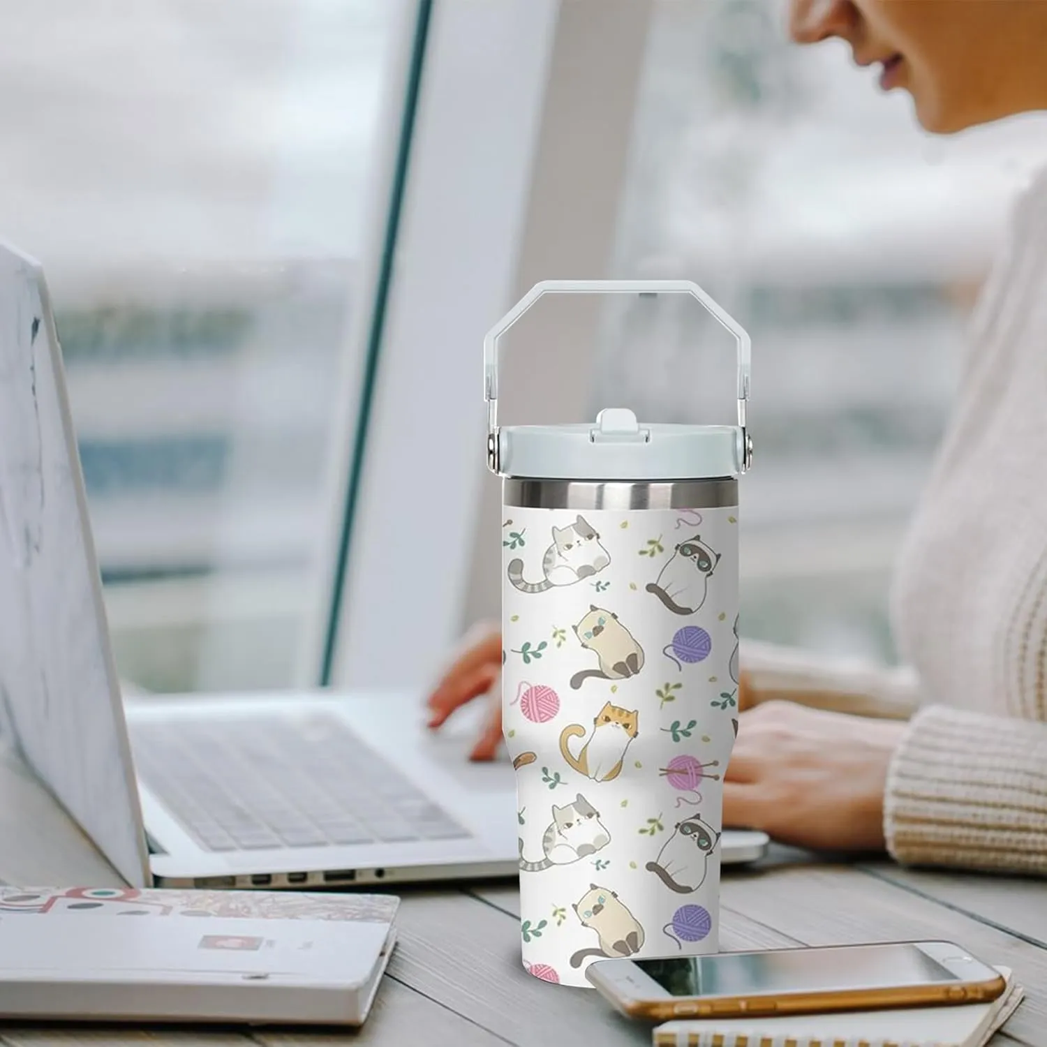 30 oz Cute Cat Tumbler with Handle and Flip Straw, Stainless Steel Insulated Cup with Lid and Straw,Travel Coffee Mug Water Bottle,Christmas Birthday Mothers Day Gifts for Women Animal Lovers