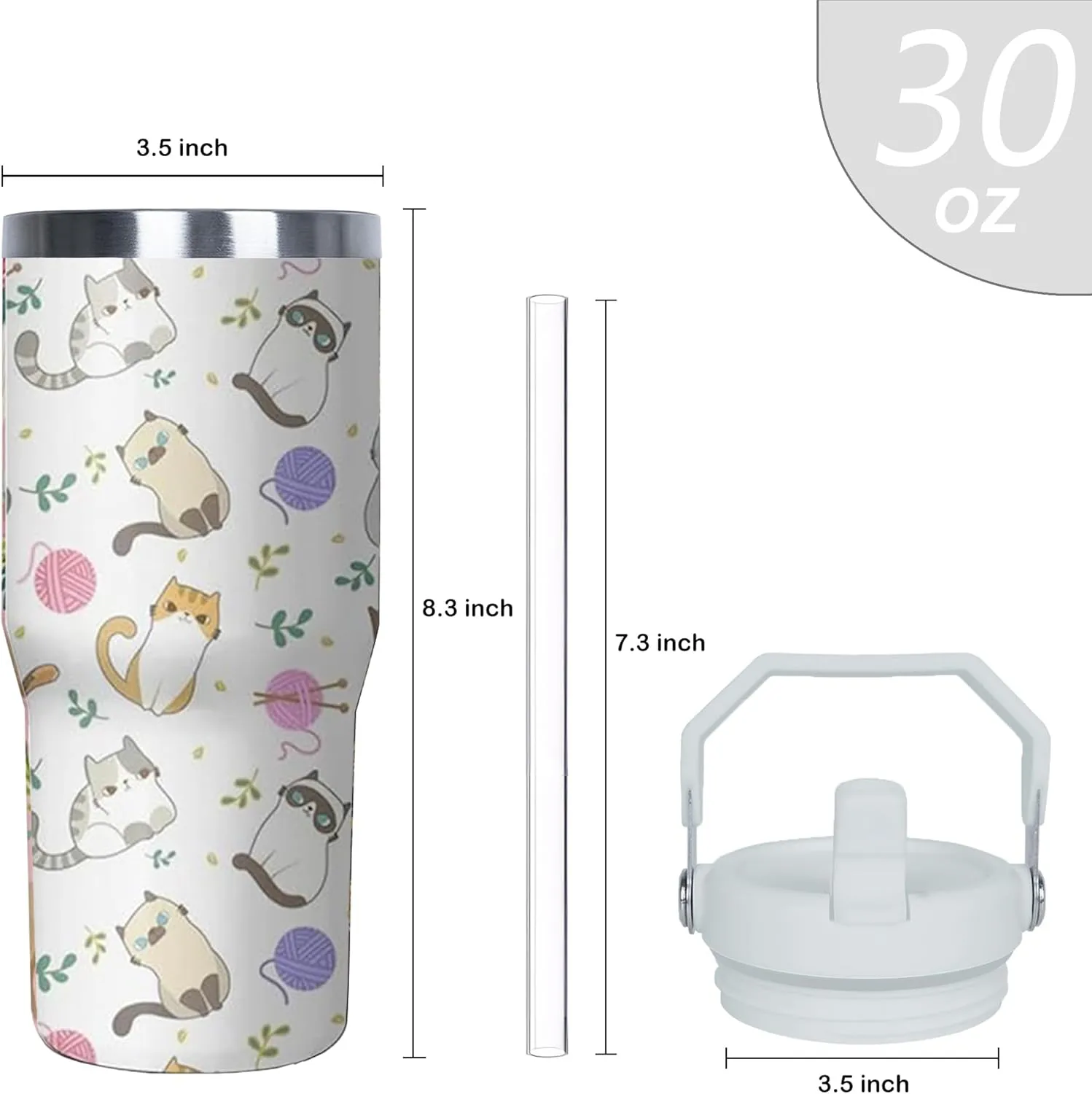 30 oz Cute Cat Tumbler with Handle and Flip Straw, Stainless Steel Insulated Cup with Lid and Straw,Travel Coffee Mug Water Bottle,Christmas Birthday Mothers Day Gifts for Women Animal Lovers