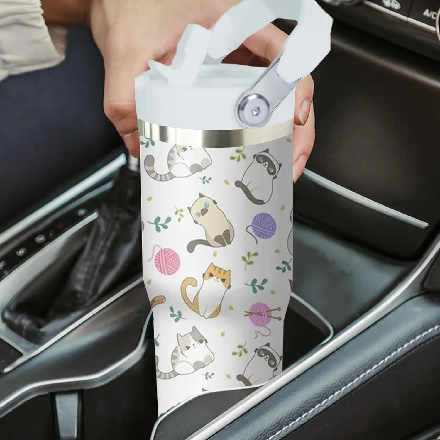 30 oz Cute Cat Tumbler with Handle and Flip Straw, Stainless Steel Insulated Cup with Lid and Straw,Travel Coffee Mug Water Bottle,Christmas Birthday Mothers Day Gifts for Women Animal Lovers