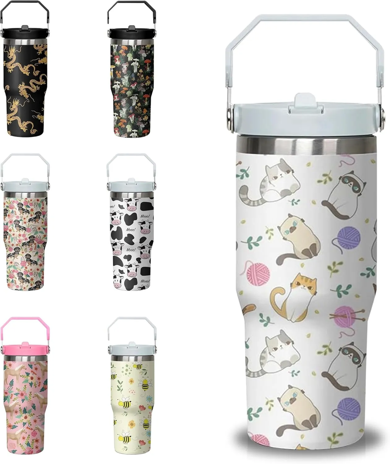 30 oz Cute Cat Tumbler with Handle and Flip Straw, Stainless Steel Insulated Cup with Lid and Straw,Travel Coffee Mug Water Bottle,Christmas Birthday Mothers Day Gifts for Women Animal Lovers