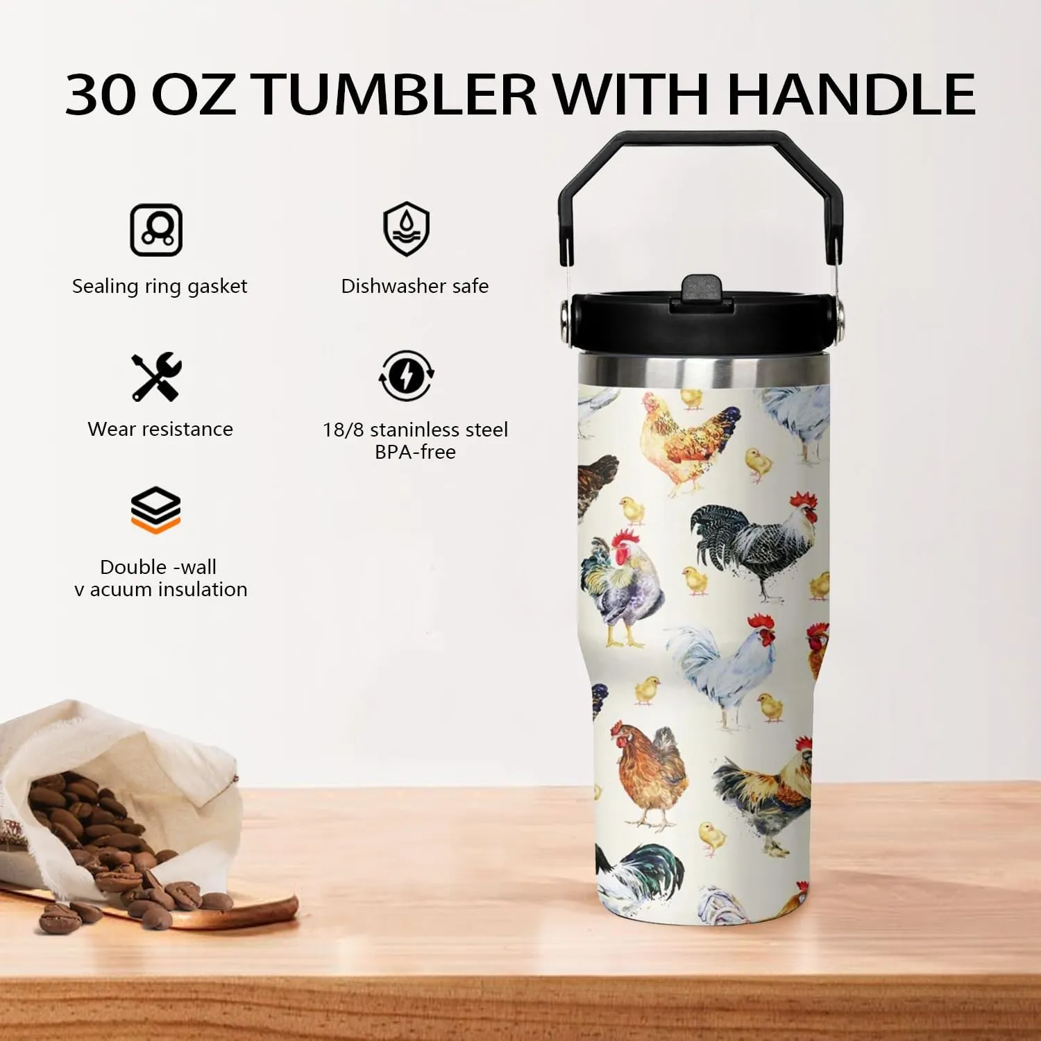 30 oz Flip tumbler with handle,30 oz Chicken Tumbler with lid and Straw,Chicken Stainless Steel Cup Coffee Travel Mug,Chicken Gifts for Chicken Lovers,Rooster Stuff Decor Accessories