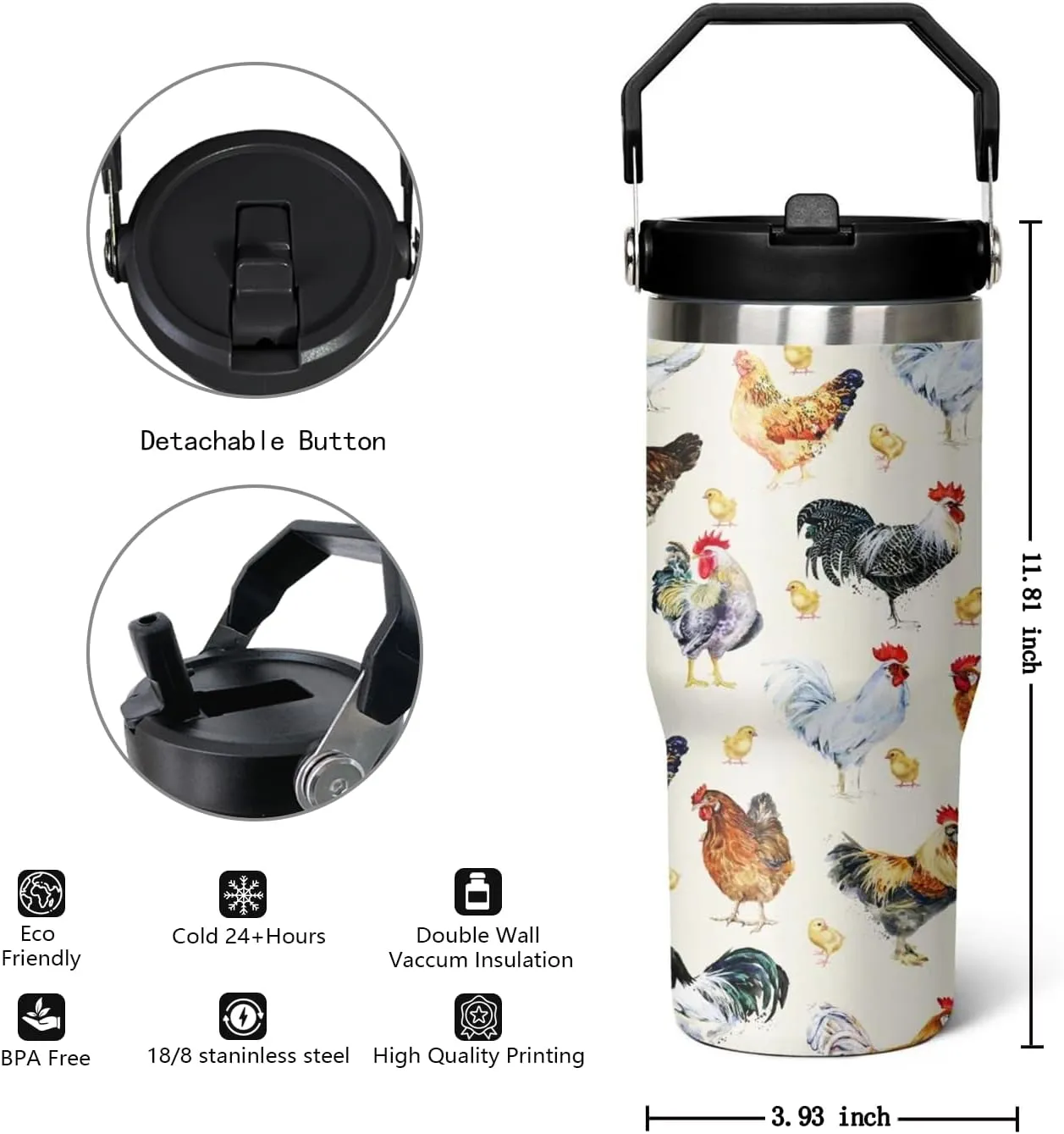 30 oz Flip tumbler with handle,30 oz Chicken Tumbler with lid and Straw,Chicken Stainless Steel Cup Coffee Travel Mug,Chicken Gifts for Chicken Lovers,Rooster Stuff Decor Accessories