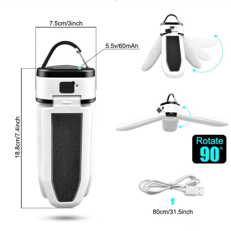 30W Solar Trefoil Foldable 60LED Bulb Camping Lights Rechargeable Camp Tent Hiking Emergency Lantern Light