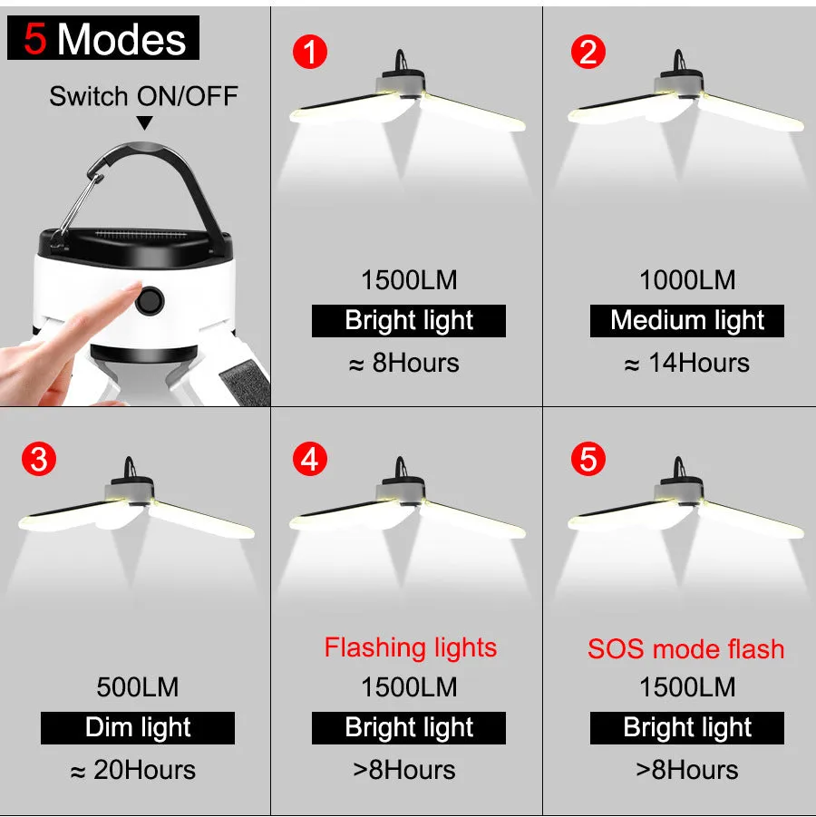 30W Solar Trefoil Foldable 60LED Bulb Camping Lights Rechargeable Camp Tent Hiking Emergency Lantern Light