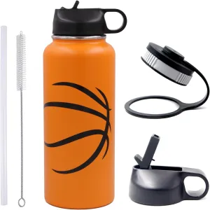 32 oz Basketball Water Bottle, Wide Mouth Metal Sports Flask Travel Tumbler with 2 Lids, Stainless Steel Double Wall Vacuum Insulated Water Bottles, Basketball Accessories Gifts for Boys Girls