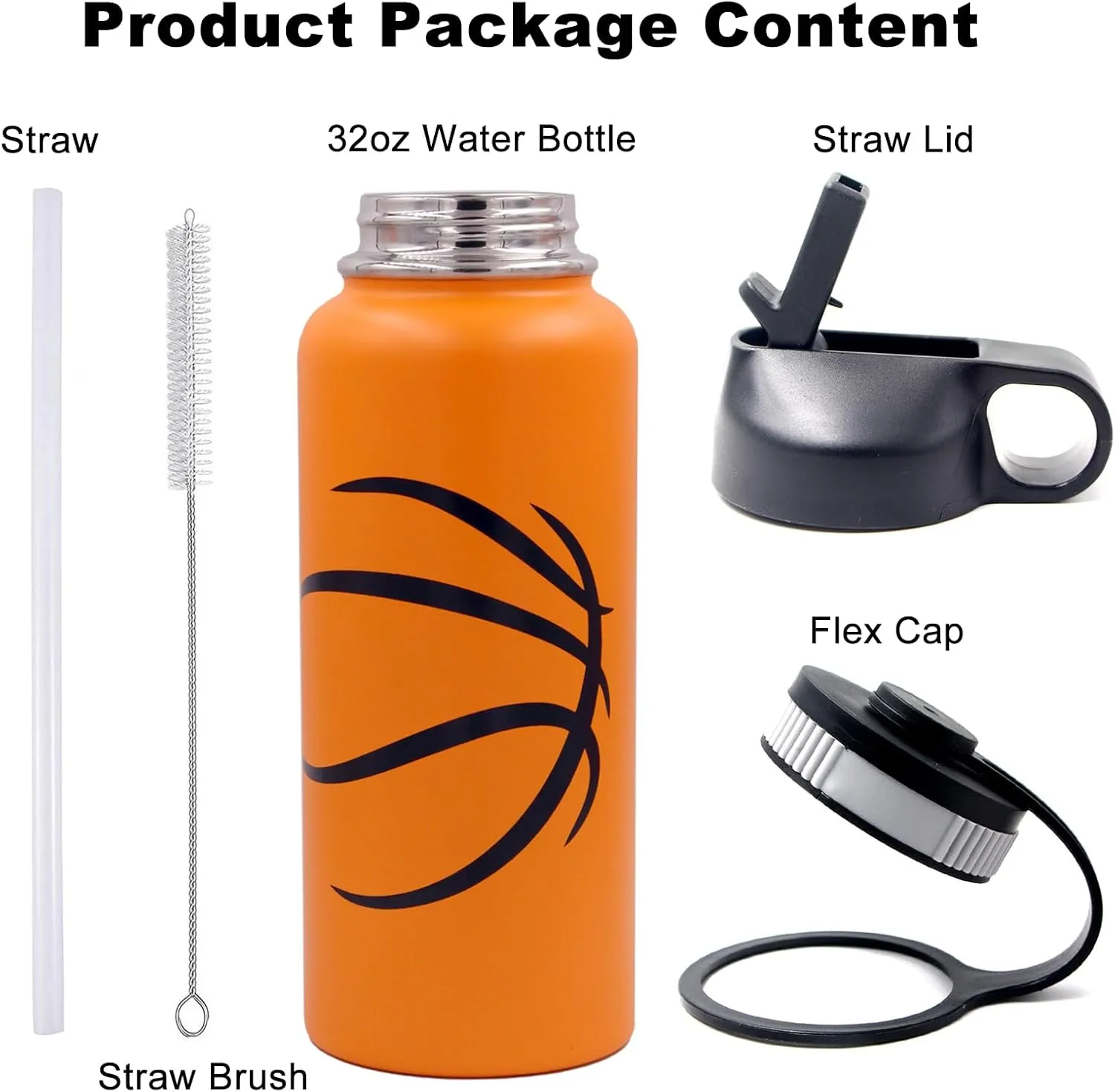 32 oz Basketball Water Bottle, Wide Mouth Metal Sports Flask Travel Tumbler with 2 Lids, Stainless Steel Double Wall Vacuum Insulated Water Bottles, Basketball Accessories Gifts for Boys Girls