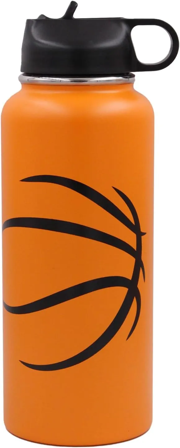 32 oz Basketball Water Bottle, Wide Mouth Metal Sports Flask Travel Tumbler with 2 Lids, Stainless Steel Double Wall Vacuum Insulated Water Bottles, Basketball Accessories Gifts for Boys Girls