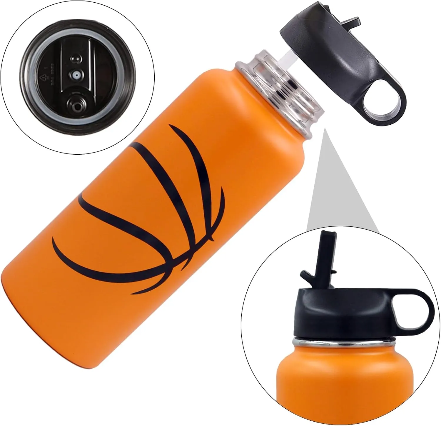 32 oz Basketball Water Bottle, Wide Mouth Metal Sports Flask Travel Tumbler with 2 Lids, Stainless Steel Double Wall Vacuum Insulated Water Bottles, Basketball Accessories Gifts for Boys Girls