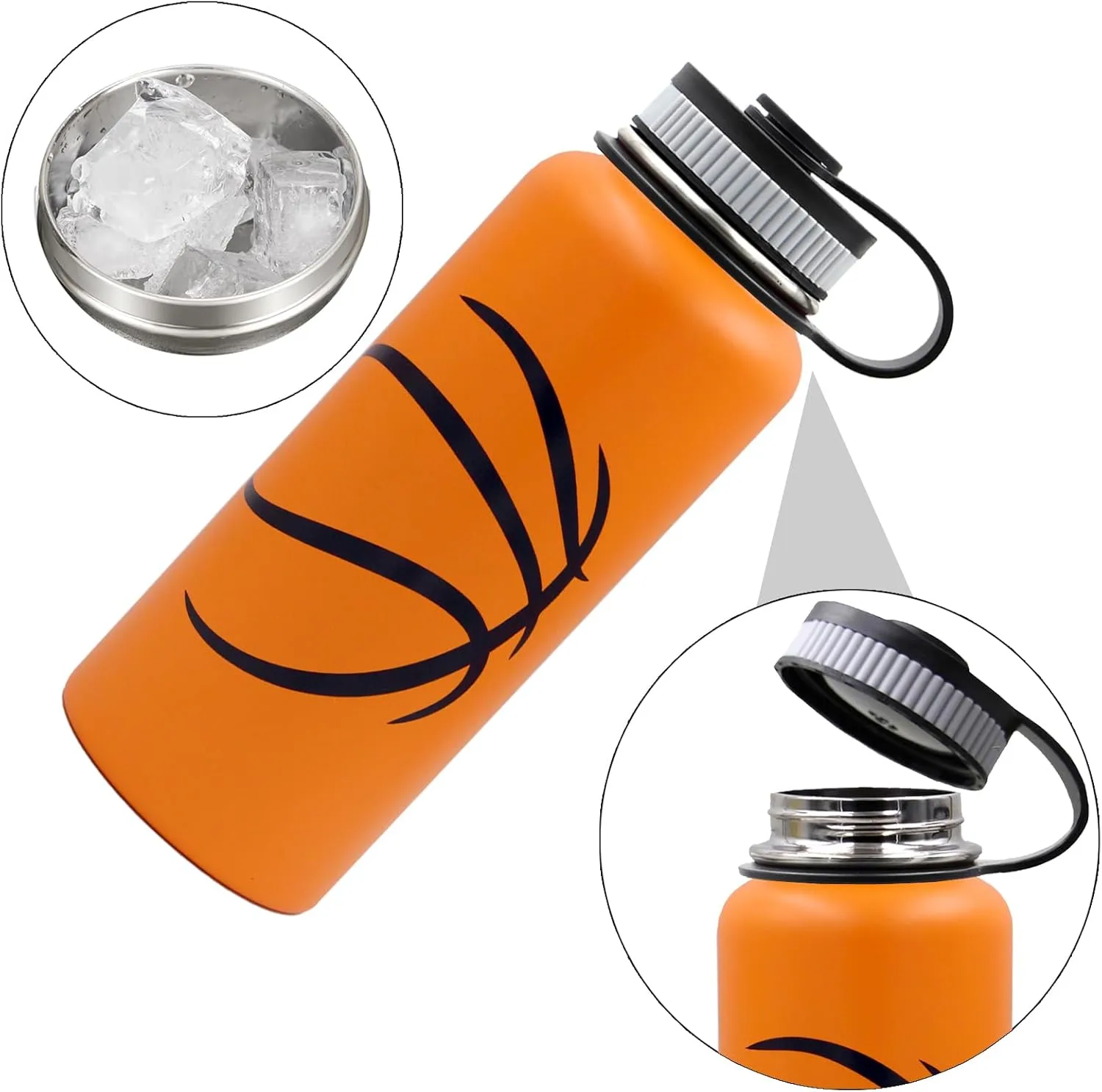 32 oz Basketball Water Bottle, Wide Mouth Metal Sports Flask Travel Tumbler with 2 Lids, Stainless Steel Double Wall Vacuum Insulated Water Bottles, Basketball Accessories Gifts for Boys Girls