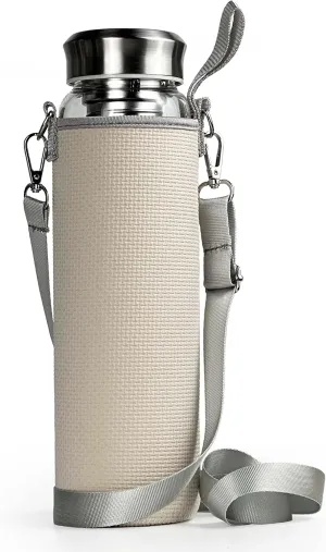32 oz Glass Water Bottles with Stainless Steel Lid and Sleeve - Borosilicate Glass Sports Water Bottle with Strap for Drinking