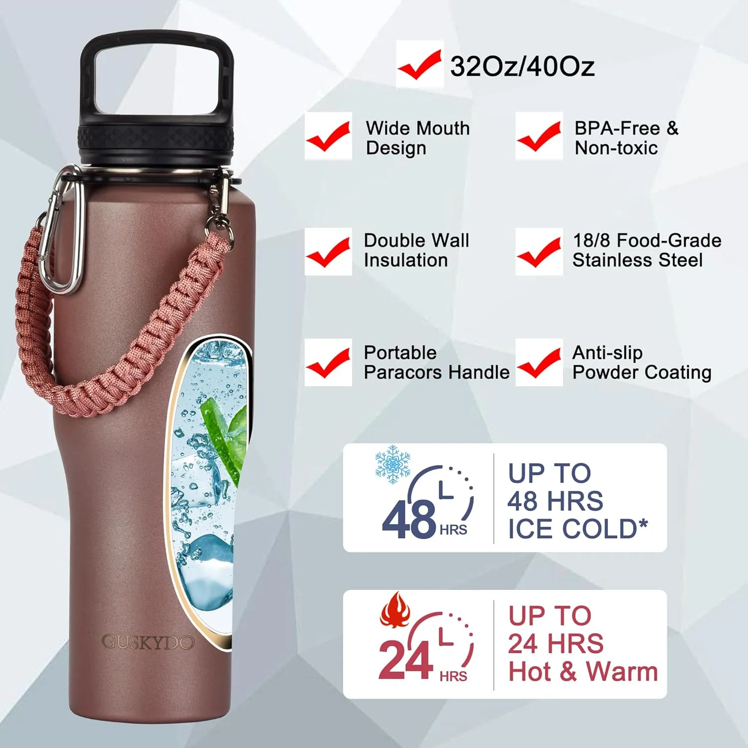 32 oz Insulated Water Bottle with Paracord Handles &Strap, Double Wall Metal Stainless Steel Tumbler Travel Flask with Straw Lid and Spout Lid, Fits in Any Car Cup Holders Keep Cold Hot 24 Hrs