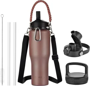 32 oz Insulated Water Bottle with Paracord Handles &Strap, Double Wall Metal Stainless Steel Tumbler Travel Flask with Straw Lid and Spout Lid, Fits in Any Car Cup Holders Keep Cold Hot 24 Hrs