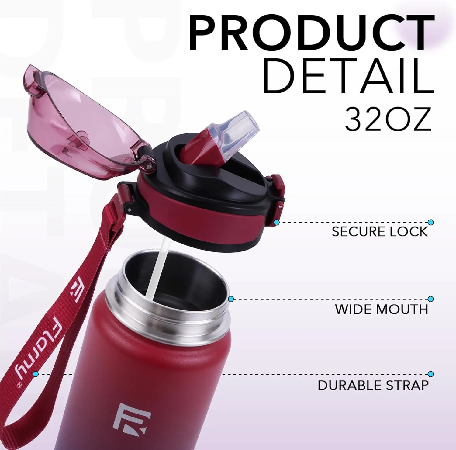 32 oz Insulated Water Bottle with Straw, Stainless Steel Metal Thermos Bottles, Durable Non-Slip Gradient Bottle with Strap for Sports and Travel, Leak Proof (Red Blue)