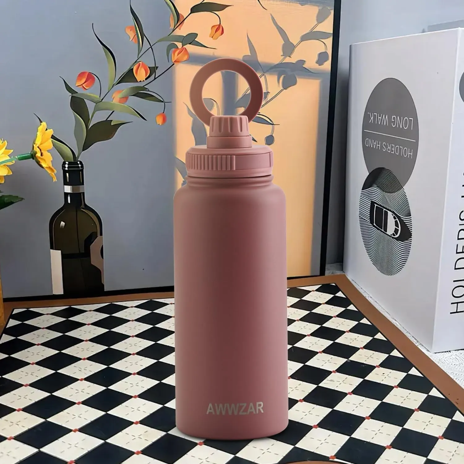 32 OZ Water Bottle With Magnetic Phone Holder, Stainless Steel Double Wall Sport or Gym Water Bottles (BLACK)